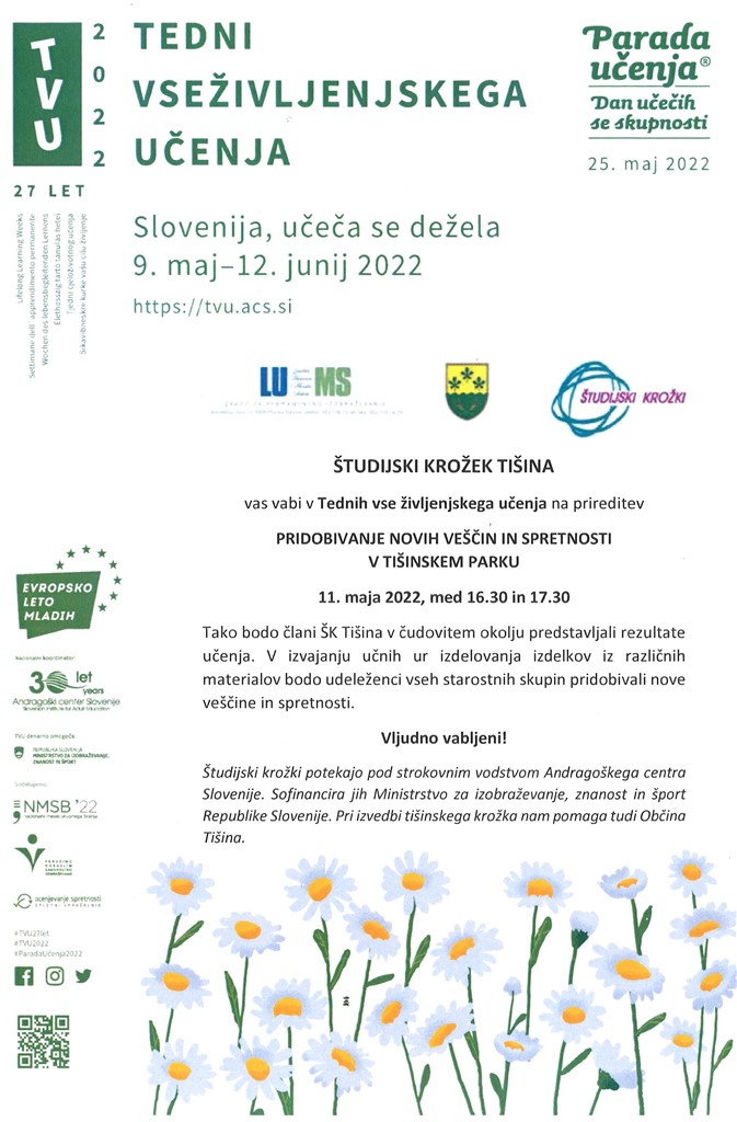 Vabilo na prireditev Študijskega krožka Tišina ob tednu vseživljenjskega učenja